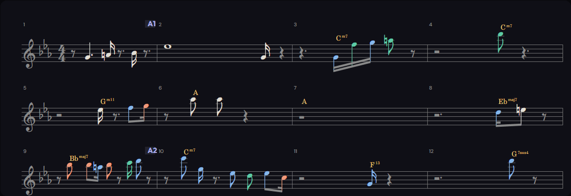 Autumn Leaves engraved on a staff with chord symbols above each bar and melody notes colored by their role in the chord